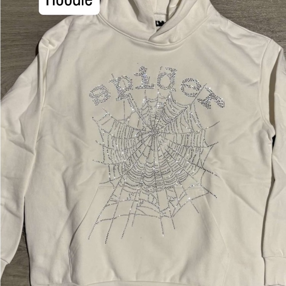 White Hoodie with Rhinestone Spider Web Design